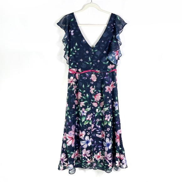 Marchesa Notte Floral Flutter Sleeve Dress Navy Blue V Neck Midi Ruffle Sz 8 - Picture 8 of 10